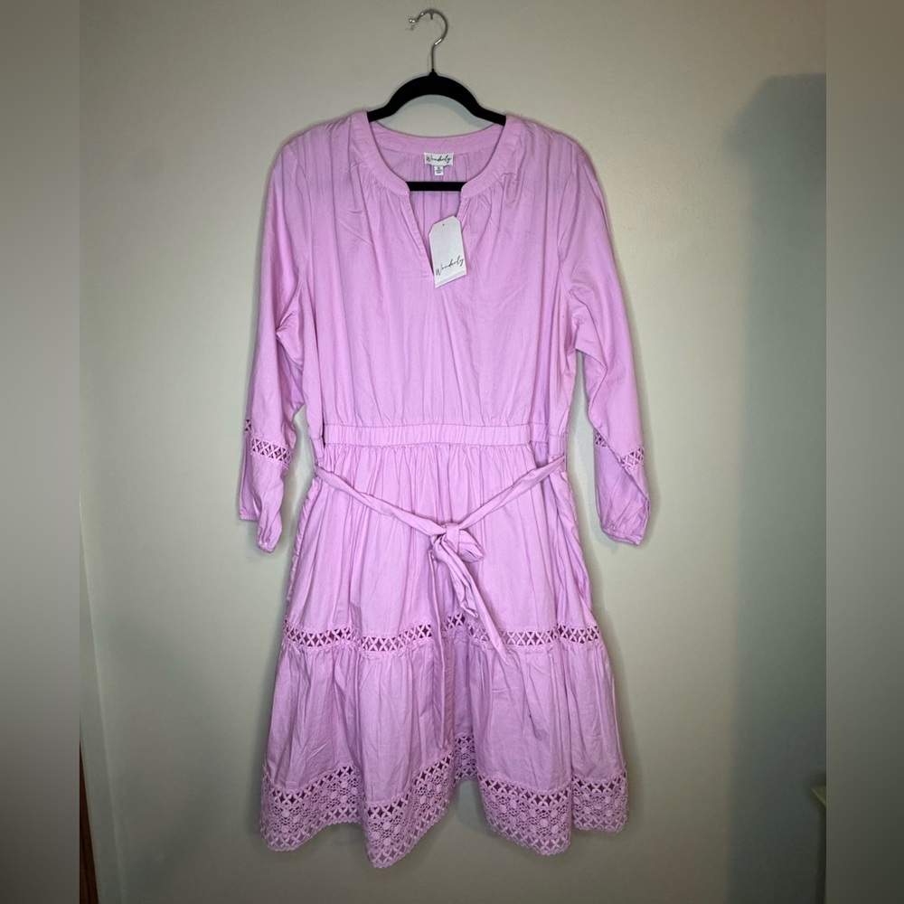 Wonderly Pink Cotton Lace Trim Tiered Dress Women's XL Belted Boho Midi - Picture 1 of 4